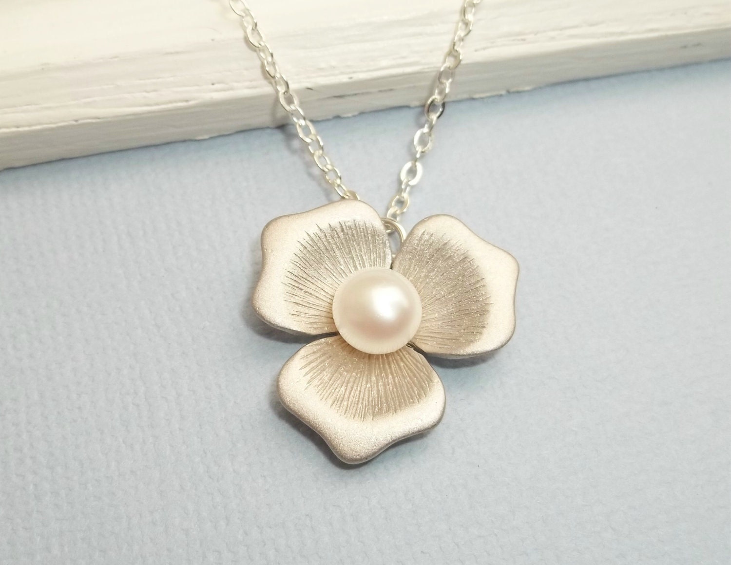 Magnolia Necklace - Freshwater Pearl - White Gold - Wedding, Bride, Bridesmaid Gifts, Bridal - STERLING SILVER CHAIN