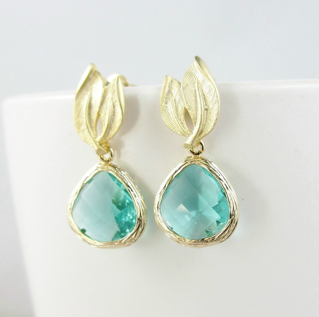 Aqua Green Leaf Earrings, Gold Earrings, Wedding Jewelry, Bridesmaid Gifts