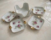 Lefton 50s Vintage Rose 4 ashtray set or sushi soy sauce tray set (hand painted)