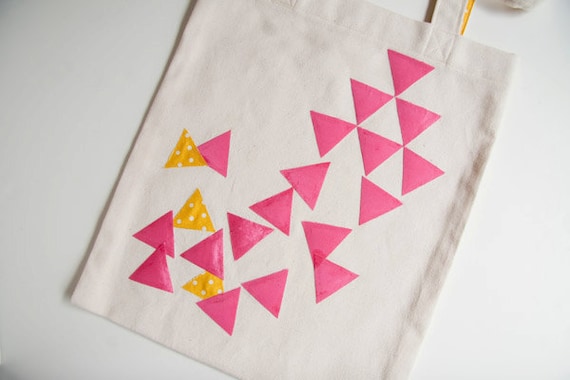 SALE - Organic canvas tote bag with applique hot pink and yellow triangles