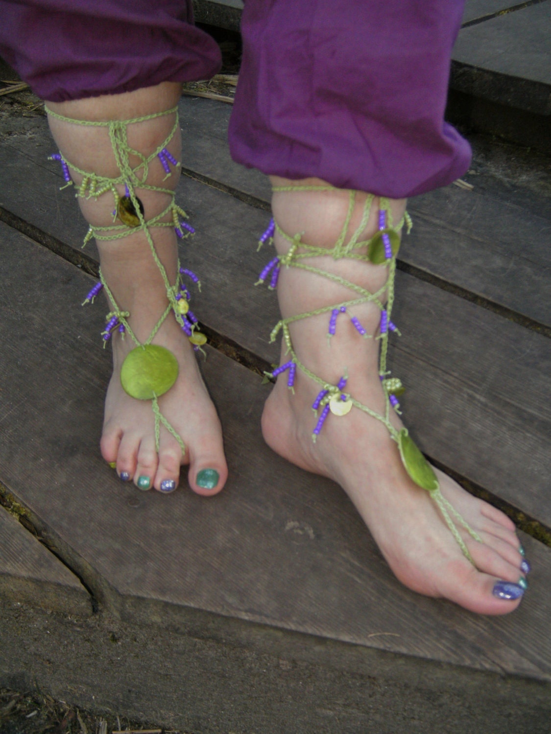 barefoot festival sandals green anklet cuffs beach summer flats crochet beaded robe purple beads
