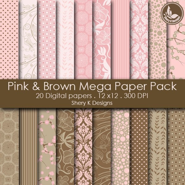 Pink and Brown Mega Paper Pack - 20 Digital papers - 12 x12 - 300 DPI