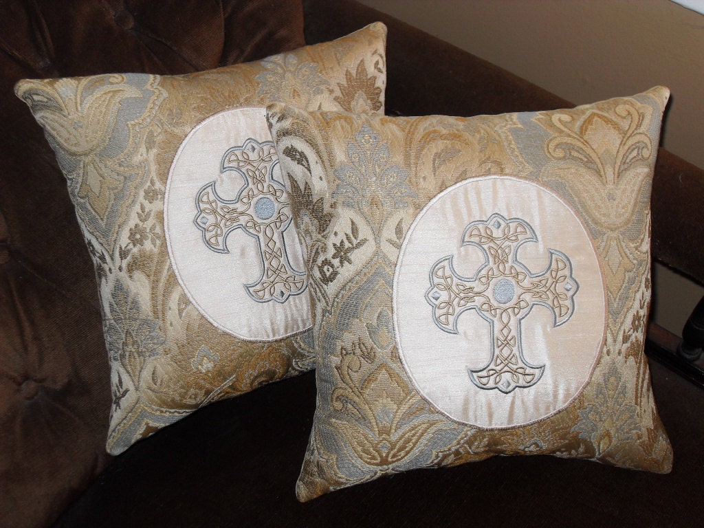 Decorative Pillow Set Celtic Knot Cross Cream, Gold, Soft  Blue 14x14 inch decorative pillows (set of 2)