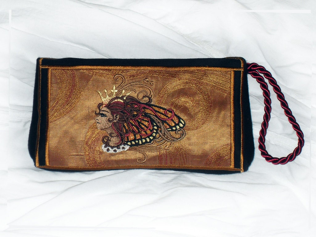 Clutch Purse Embroidered Wristlet Evening Bag "Butterfly Queen" Gold Burgundy Princess