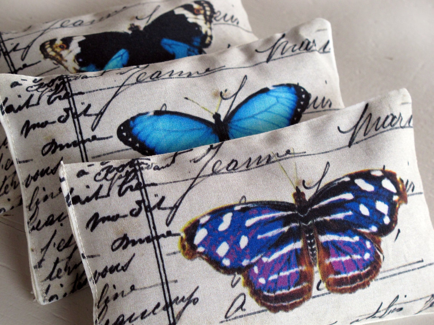 3 organic french lavender mini pillows, blue butterflys collection