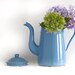 Circa 1920 , enamelware French vintage lavender blue grey enamel coffee pot, enamel vase, enamelware