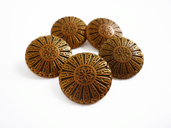 5 Antique Gold Metal Vintage Buttons, Pattern