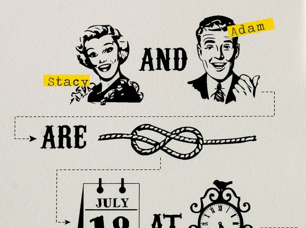 Printable 50s Wedding invitation set with yellow retro design - "Tying the knot"