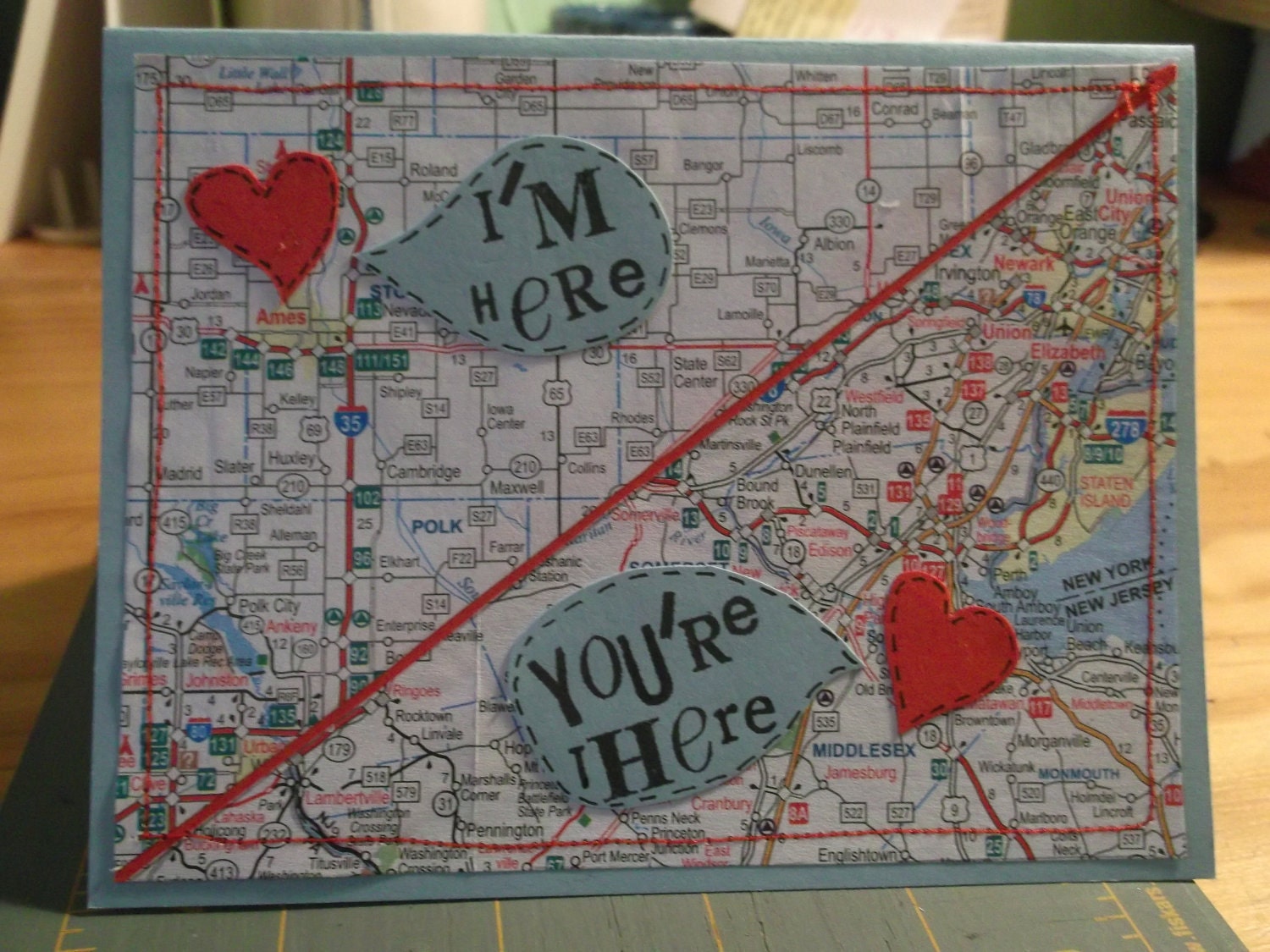 Custom Order I'm Here You're There Miss You Map Card