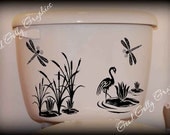 Toilet decal cattails with dragonflies and crane pond scene