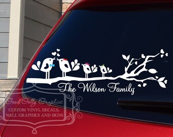 Love bird family on a branch vinyl vehicle decal