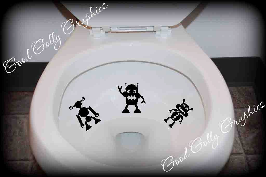 Potty training sticker, toilet decal, Taking Aim toilet targets cute silly robot alien monster: THREE piece collection
