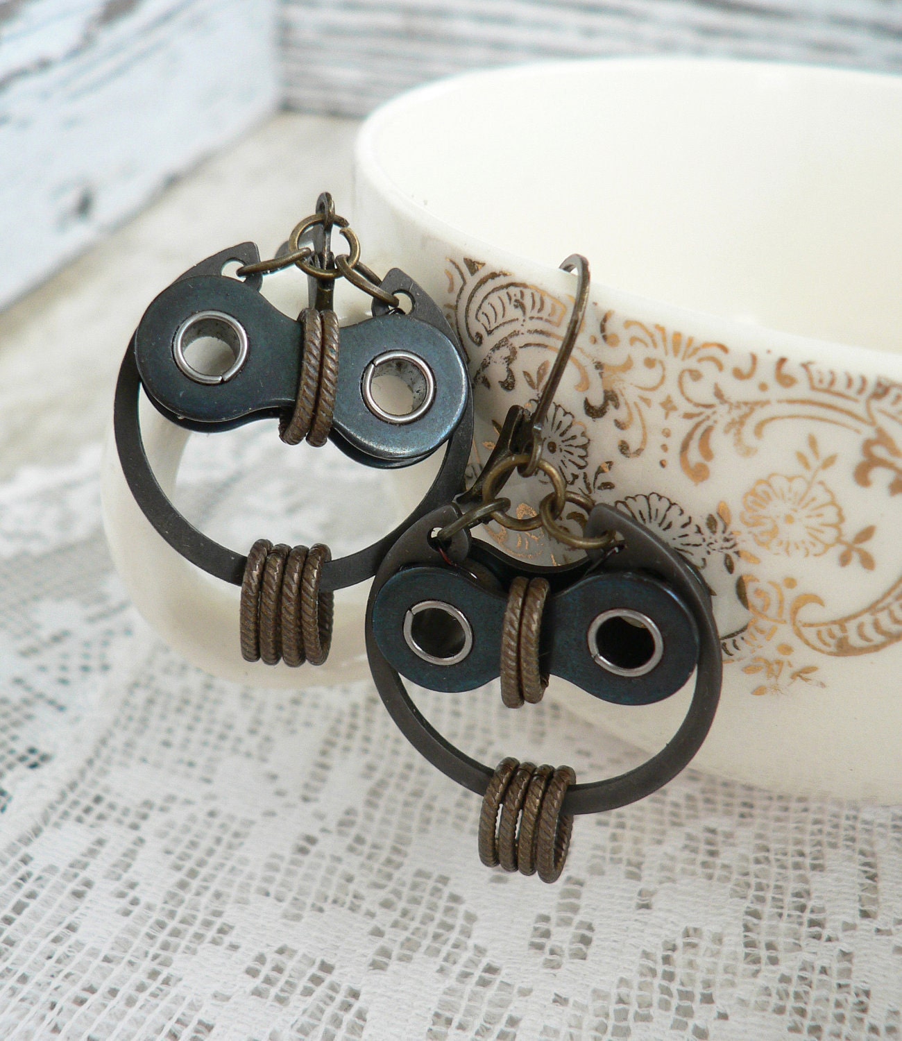 Owl Earrings Bronze & Black Steel Bicycle Chain Hardware