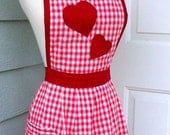 Up-cycled Valentine's Apron - Red Gingham Heart Applique - 50's Style
