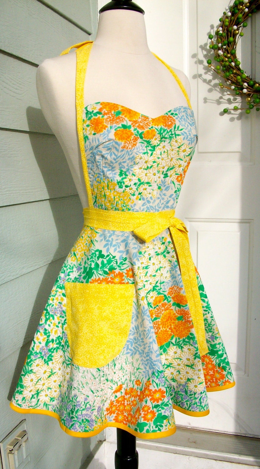 Up-Cycled Women's Apron- Vintage Orange and Blue Flower Print