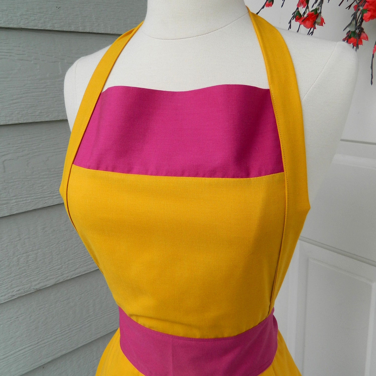 Up-Cycled Women's Apron- Goldenrod & Fuchsia Color Blocks