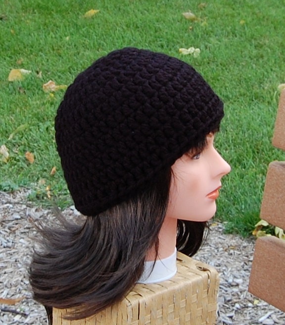 Classic Black Beanie Hat, Unisex Adult Crochet Winter Hat