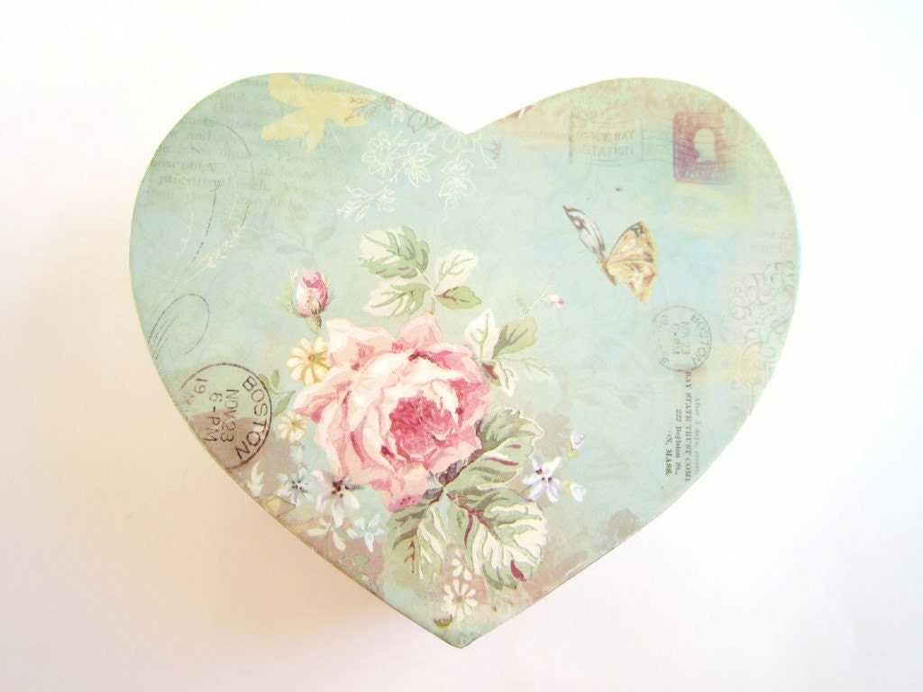 Heart Tin Box floral storage box shabby chic decor roses pink green white metal heart box wedding decor