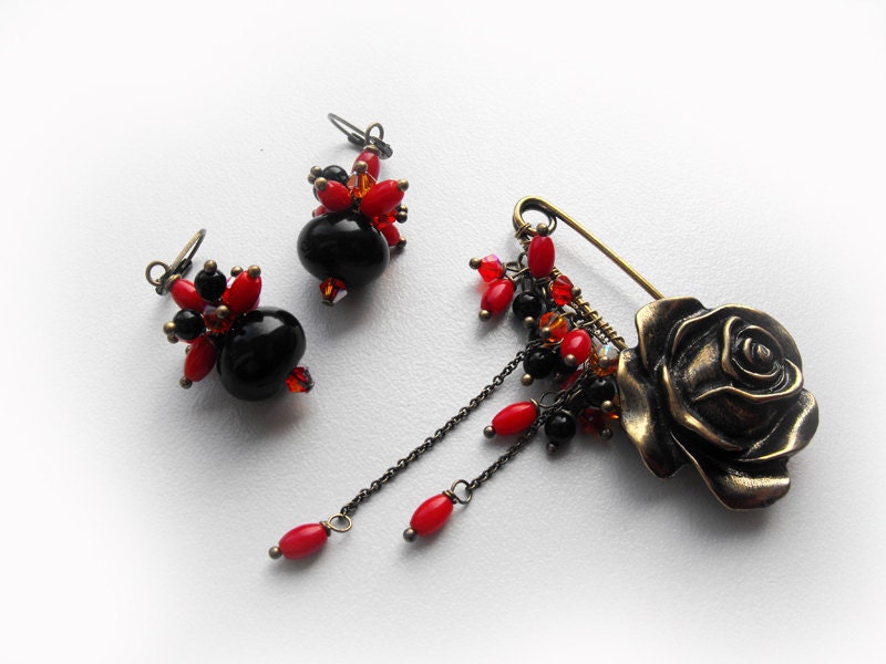 Desert rose pin brooch,kilt pin,with red corals,swarovski crystals,black jade beads