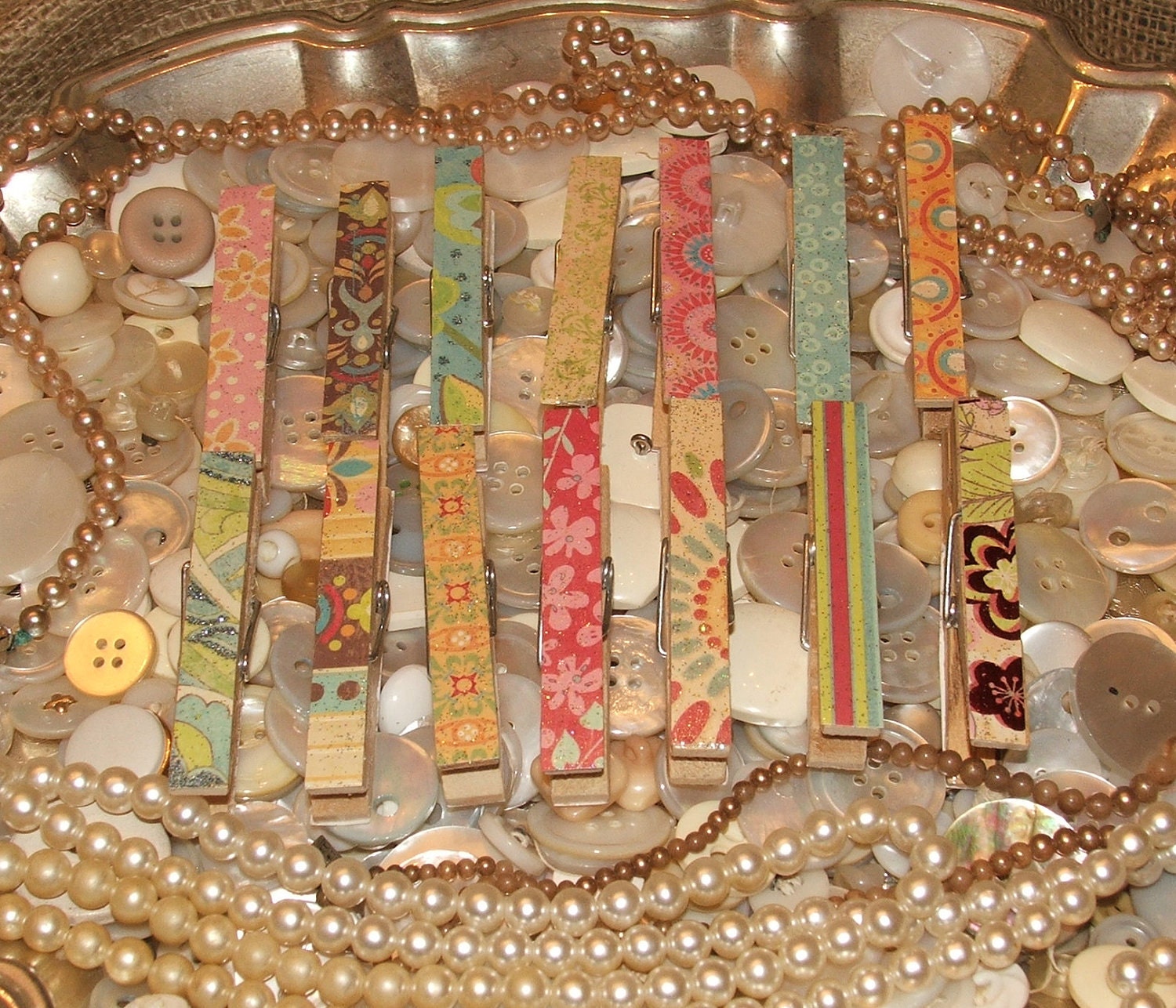 14 Decoupaged Glittered Clothes Pins - Shabby Chic Set - Rustic, Beach, Chippy Cottage, French Country, Wedding