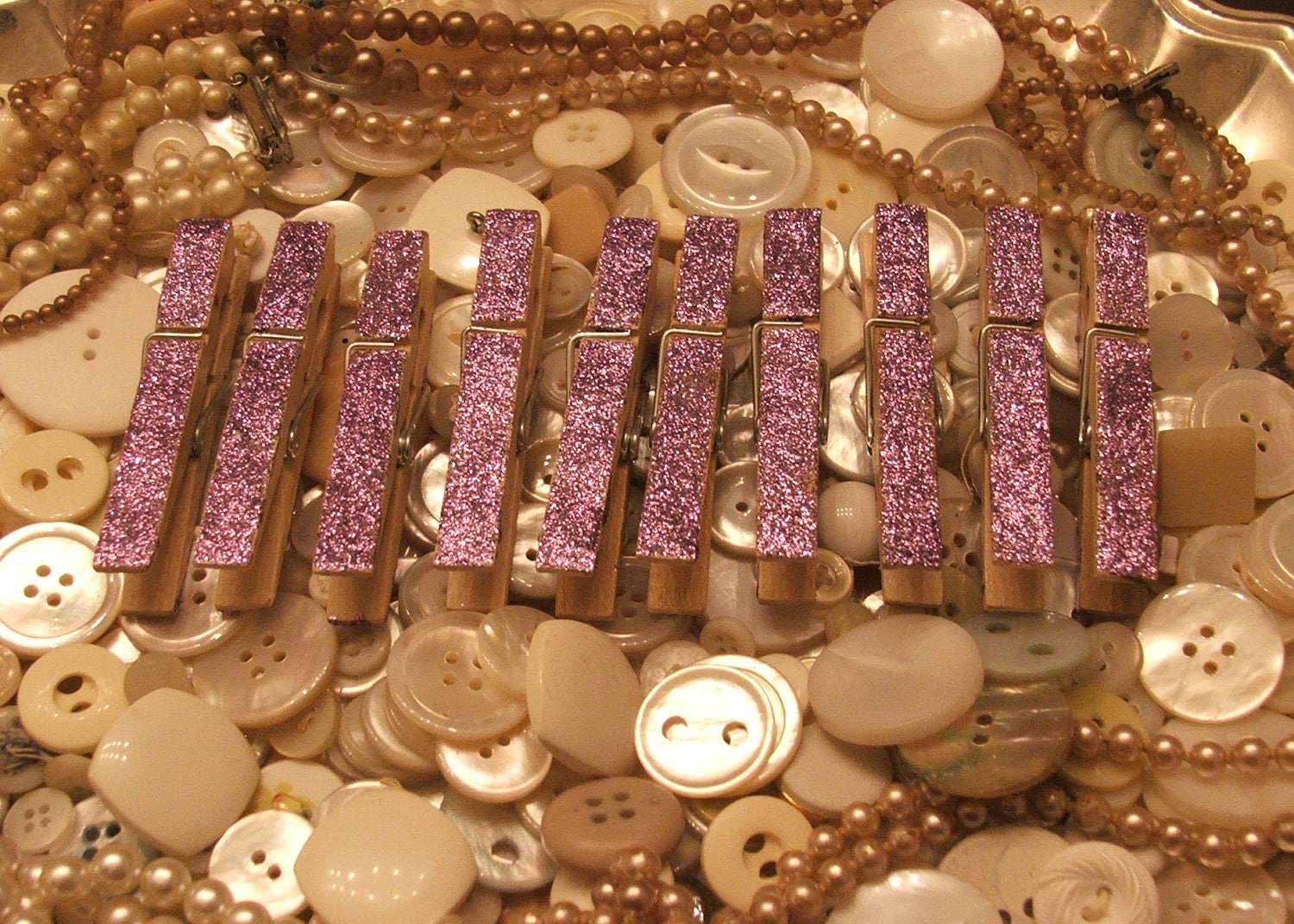 Set of 10 Shabby Chic Lavender Glittered Clothes Pins - Rustic, Beach, Chippy Cottage, French Country, Wedding