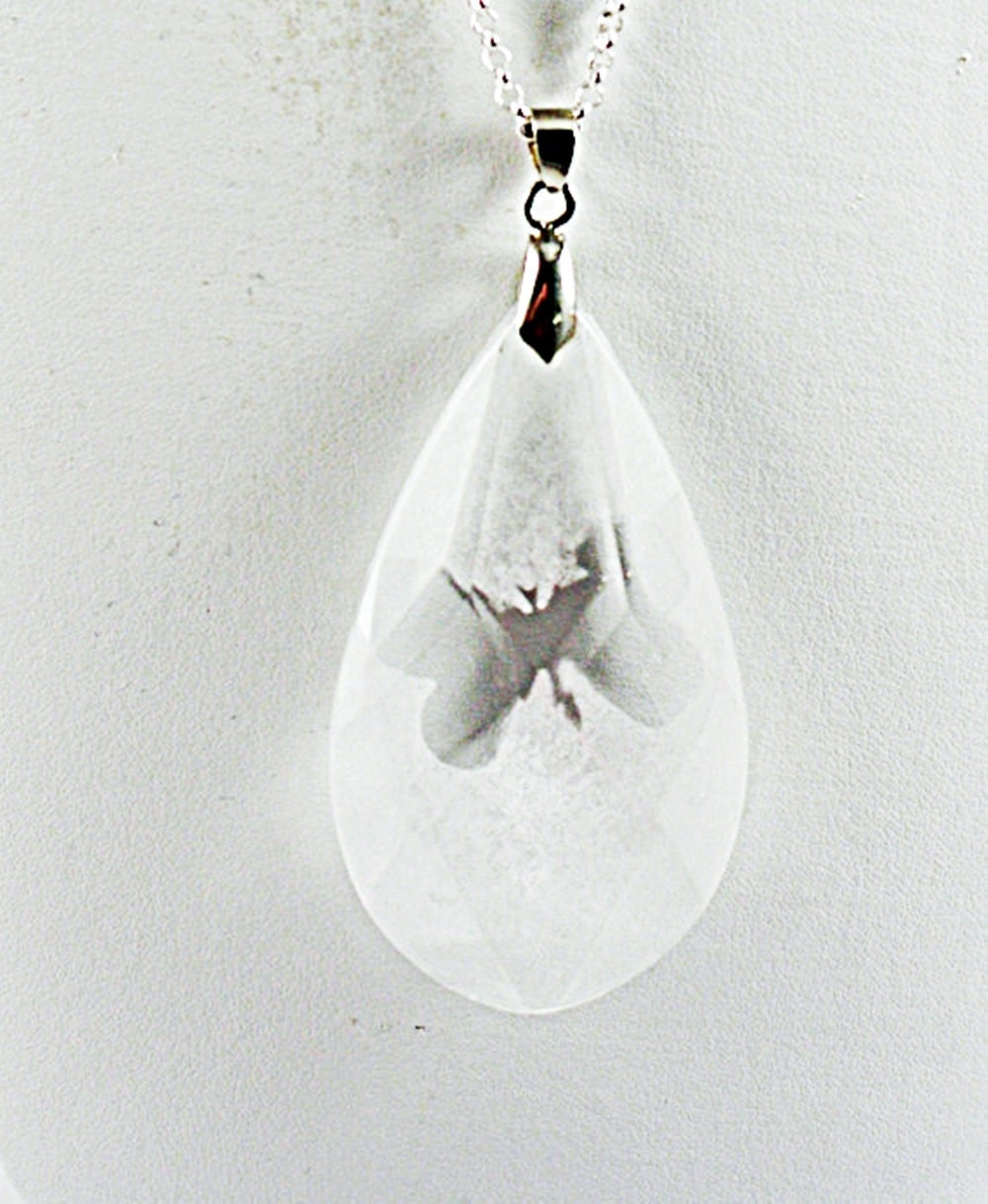 Butterfly Crystal Pendant Etched with Silver Pinch Bail and Silver Rolo Chain No 64