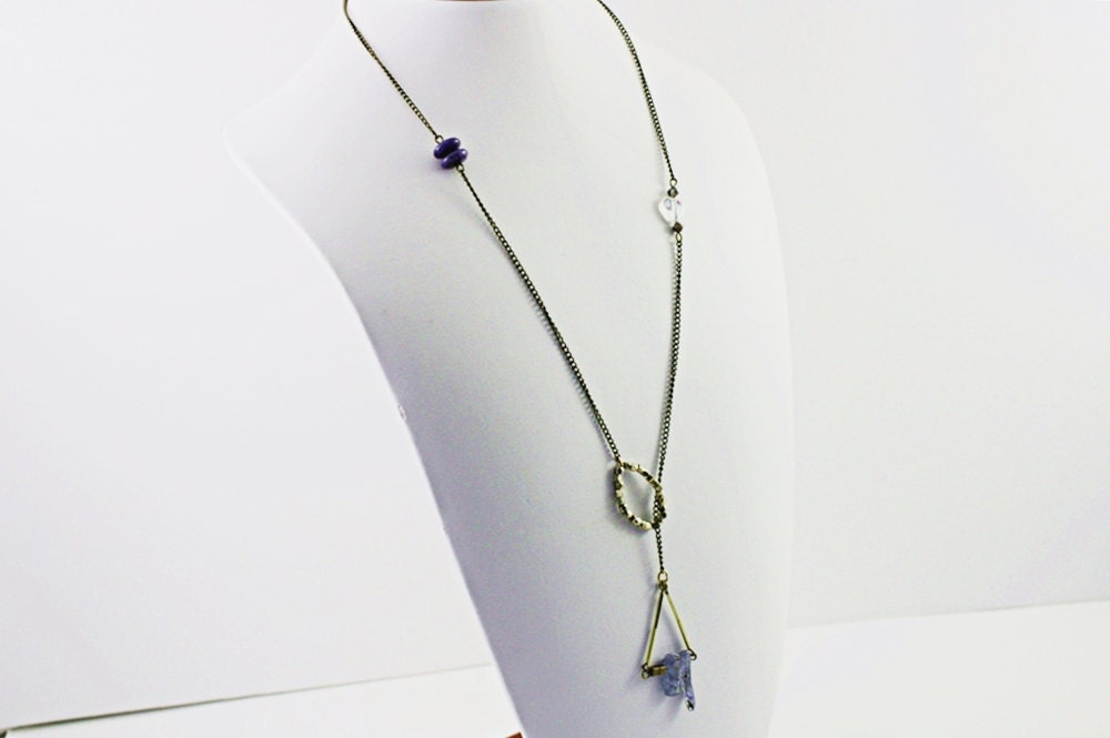 Lariat Organic Necklace, Brass with Blue Kyanite, sodalite, brass cubes and tubes and a glass heart No. 59