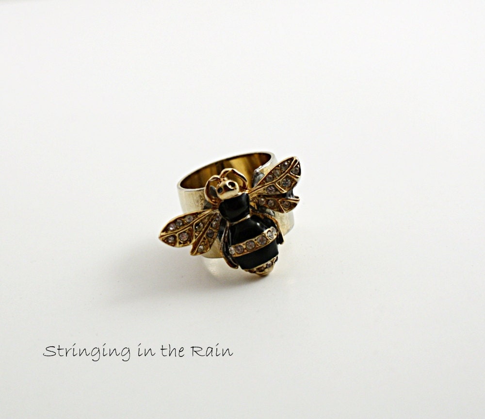 Upcycled Vintage Bee Ring, Vintage enameled and rhinestone bee soldered to a gold tone wide base No. 53.