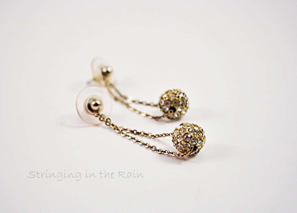 Vintage Crystal Ball Dangle Earrings, Goldtone Pierced Feminine Earrings No. 3