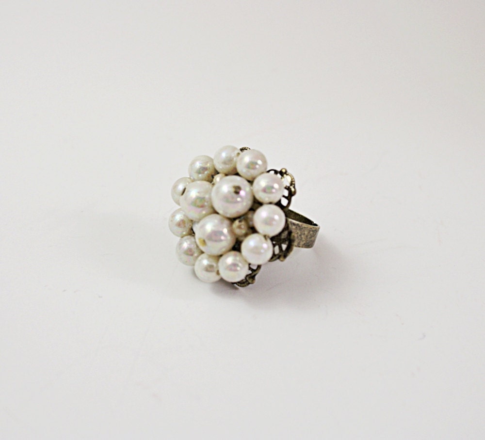 Pearl Cluster Ring, Statement ring, Upcycled, Mounted On A  Bronze Adjustable Ring No.39