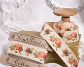 Cotton Twill Ribbon - Hand Printed 1m x 25mm /40"x 1" cotton tape - for cushion, bag, purse trimming - gift wrap - vintage flowers & bee