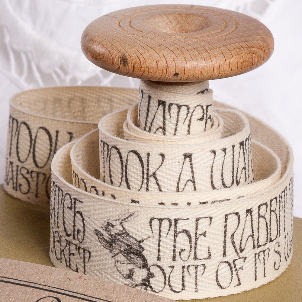 Alice in Wonderland Cotton Fabric Ribbon. Hand Printed 1m x 25mm /40"x 1"  Alice cotton tape. Alice gift wrap. for cushions bags etc. no17