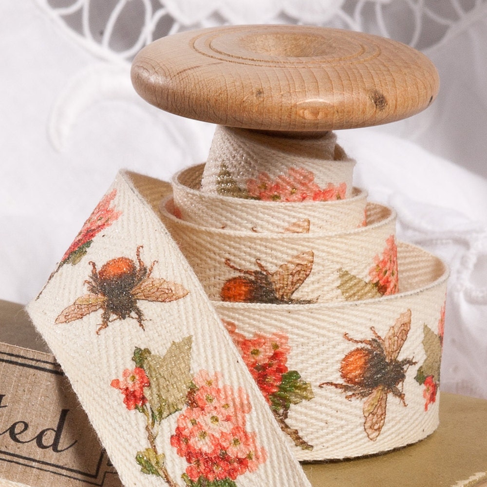 Cotton Fabric Ribbon - Hand Printed 2m x 25mm /80"x 1" cotton tape. cushion trimming. lampshade trimming. purse trim gift wrap. bee