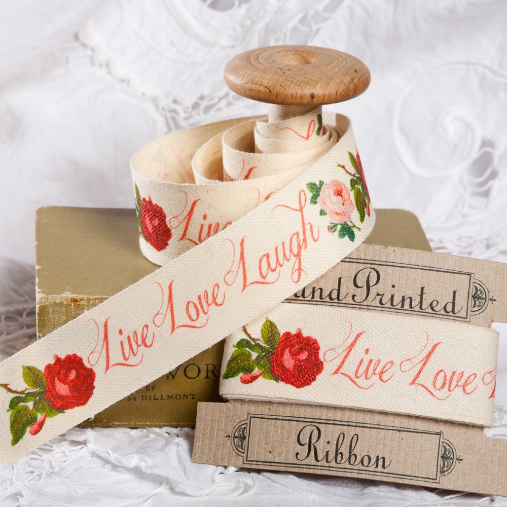Cotton Fabric Ribbon - Hand Printed 2m x 25mm /80"x 1" cotton tape. Love Live Laugh cushion trimming. lampshade trimming. gift wrap.