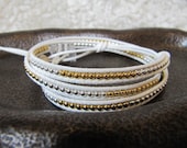 22K Gold and Sterling Silver Triple Beaded Leather Wrap Bracelet with White Leather
