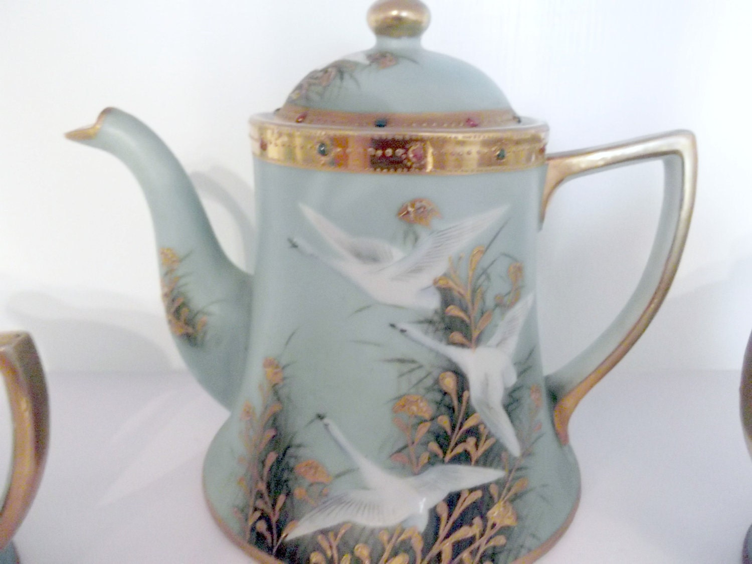13 pc Nippon Tea Set: Rare Handpainted, Beaded, Jeweled & Raised Gild- circa 1890-1921- FREE US Shipping