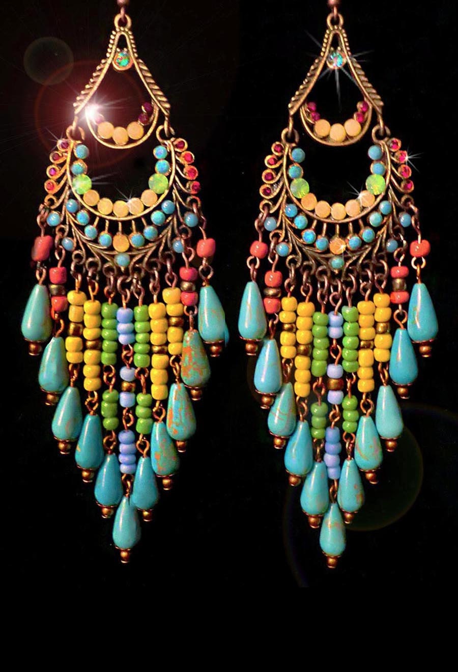 Genuine Turquoise Magnesite Gemstone Beaded Chandelier Earrings- Large, Ethnic, Native Inspired-MTO