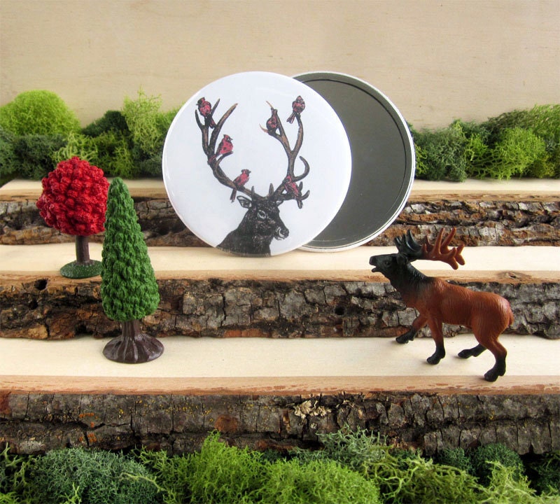 Woodland Pocket Mirror 3.5" - Elk and 6 Red Cardinals