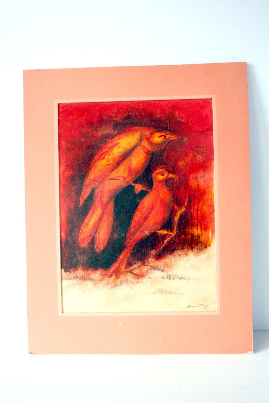 vintage orange birds painting