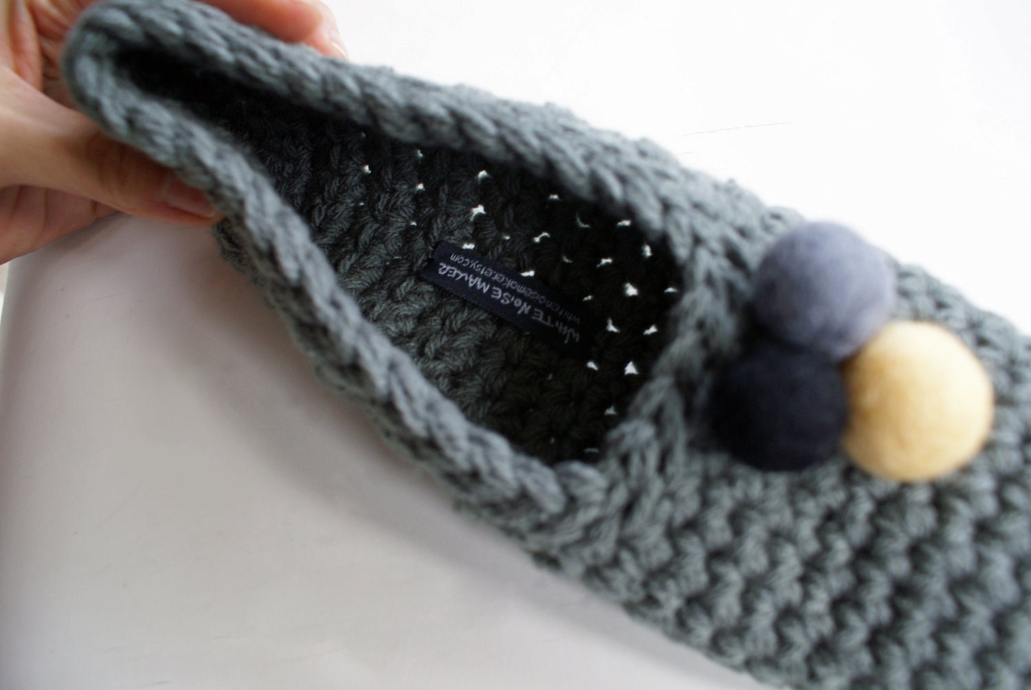 Grey Crochet Slippers With Hand Felted Pom Pom for Women