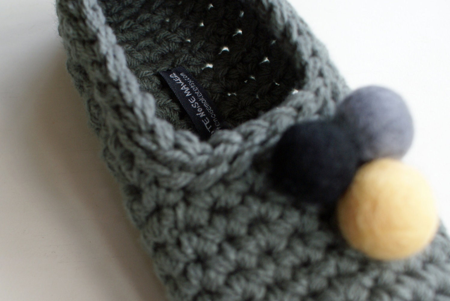 Grey Crochet Slippers With Hand Felted Pom Pom for Women