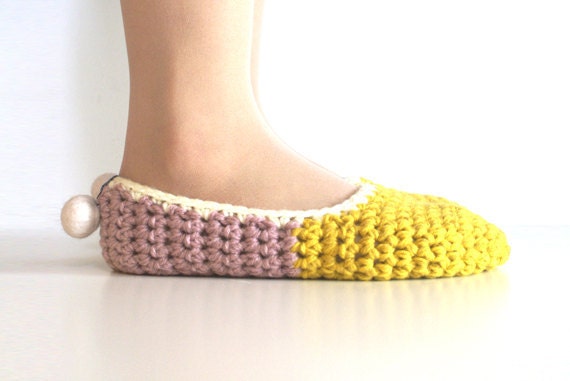 Crochet House Slippers with Felt Pom Pom, Mustard Yellow Pale Lavender