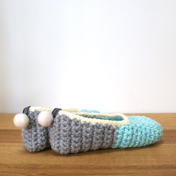Crochet House Slippers with Felt Pom Pom, Mint Grey