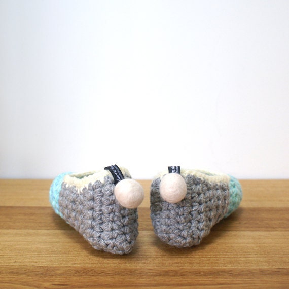 Crochet House Slippers with Felt Pom Pom, Mint Grey
