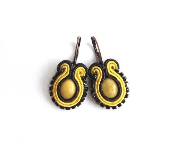 Honey gold fall fashion hand embroidered earrings, retro, yellow, brown