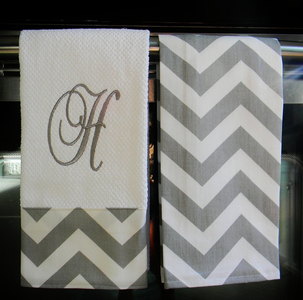Monogram Kitchen Towels or Hand Towels in Grey / White Chevron