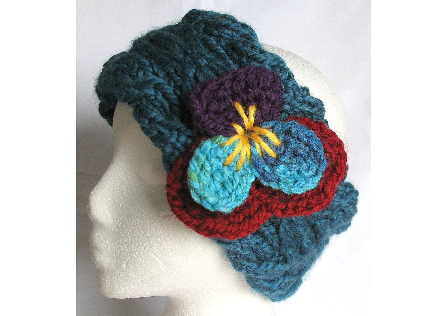 Hand Knit Headband Viola in Thunder Blue with Crochet Pansy Flower