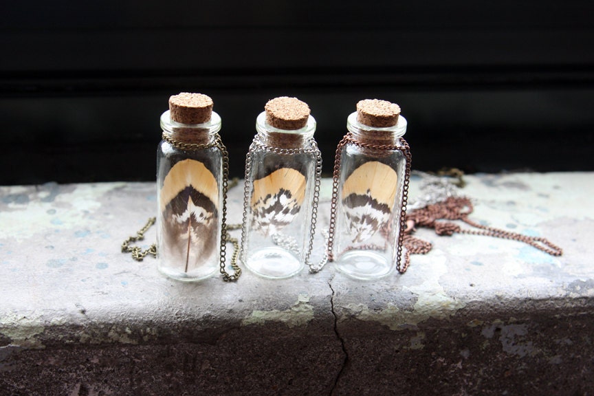 Reeves Pheasant Feather Glass Bottle Specimen Pendant