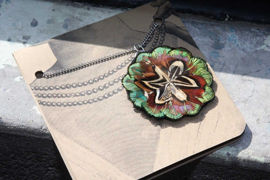Earthy Peacock Plumage and Pheasant Feather Flower Necklace
