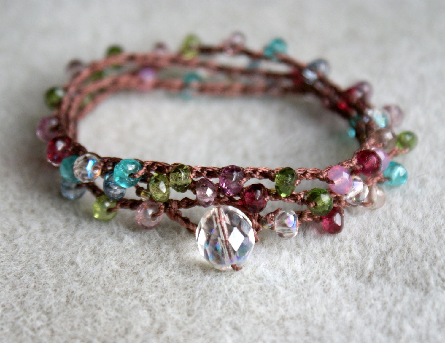 Ruby Pink Bohemian wrap bracelet, necklace, anklet, crochet jewelry, beachy jewelry, 3x wrap